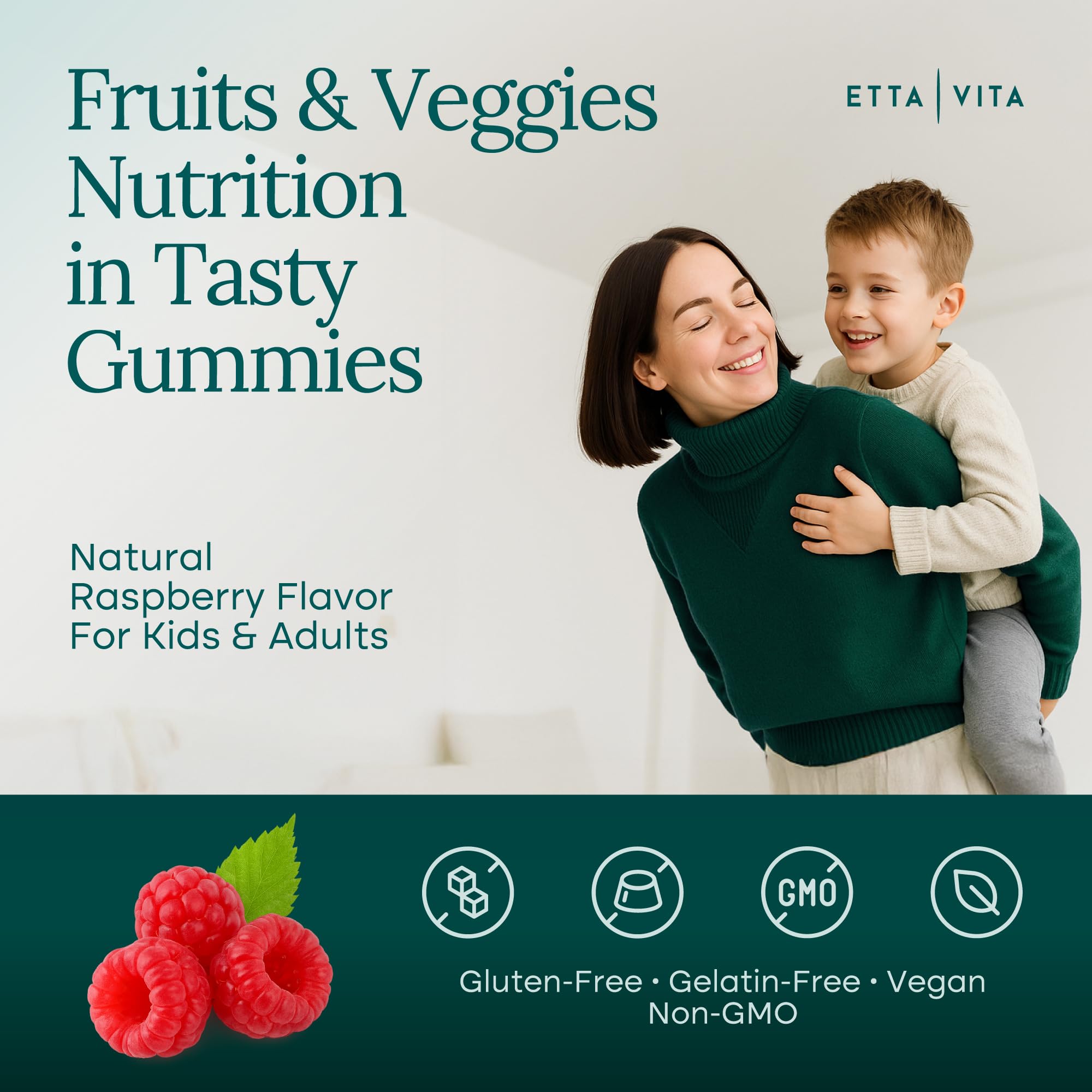 Etta Vita super greens gummies bottle close-up highlighting vibrant texture and flavor.
