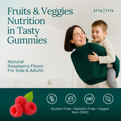 Etta Vita super greens gummies bottle close-up highlighting vibrant texture and flavor.