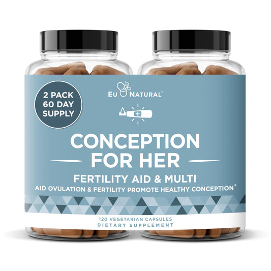 Eu Natural Conception for Her bottle on a clean surface, daily fertility support.