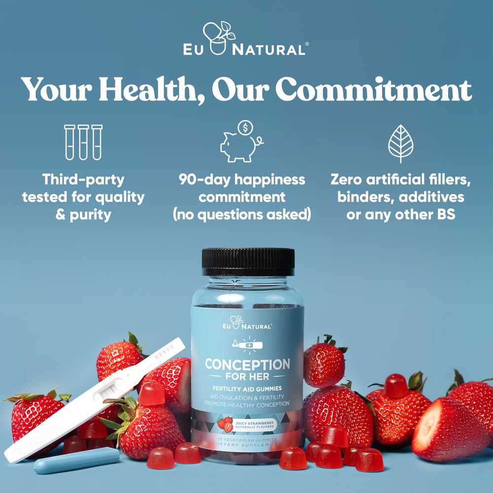 Eu Natural Conception for Her label close-up highlights vitamin ingredients.