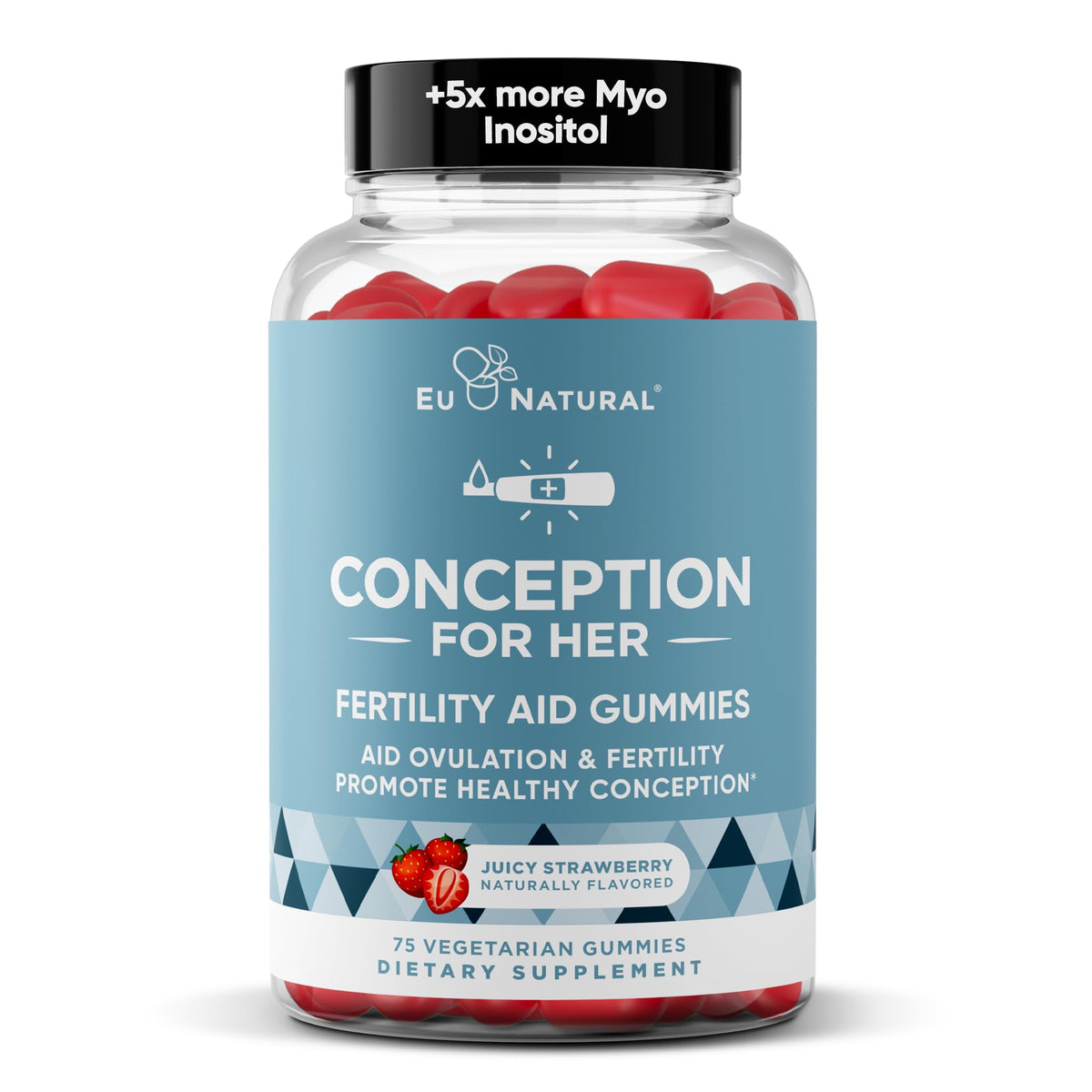 Eu Natural Conception for Her gummies strawberry bottle boosts daily fertility support with delicious taste.