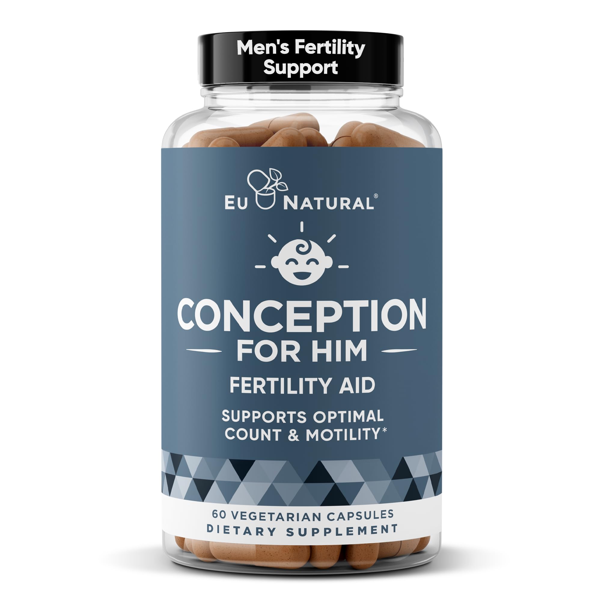 Eu Natural Conception for Him bottle front signals male fertility support in a convenient capsule.