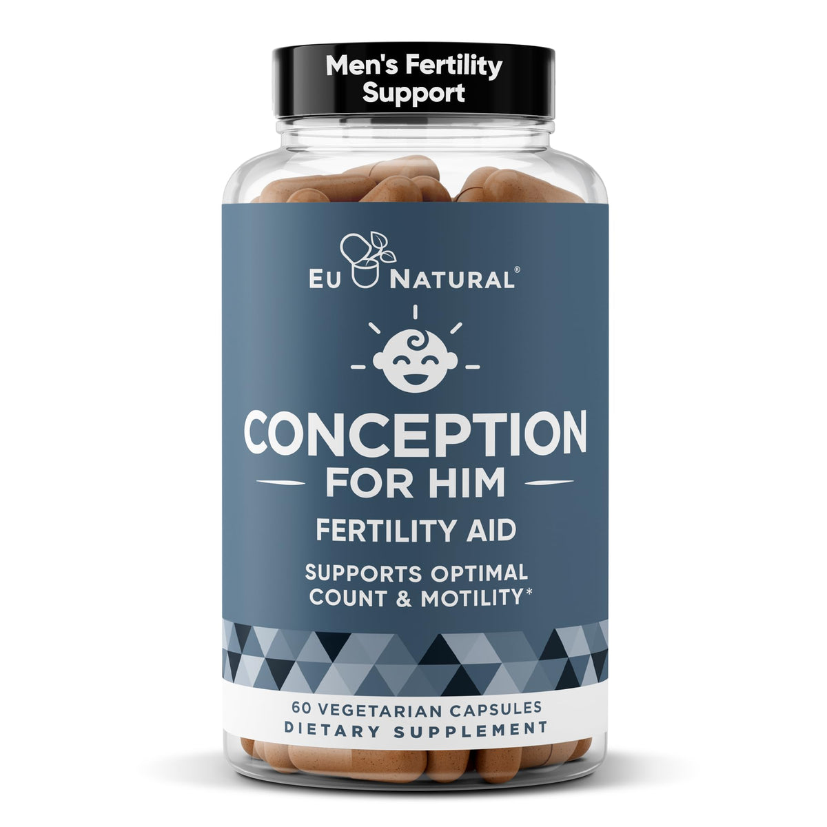 Eu Natural Conception for Him bottle front signals male fertility support in a convenient capsule.