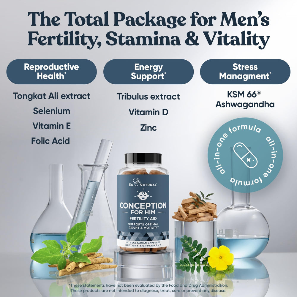 Eu Natural Conception for Him capsules laid out for everyday routine.