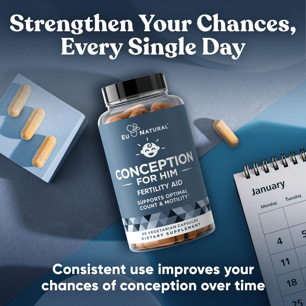 Eu Natural Conception for Him daily routine shot with capsules and water.