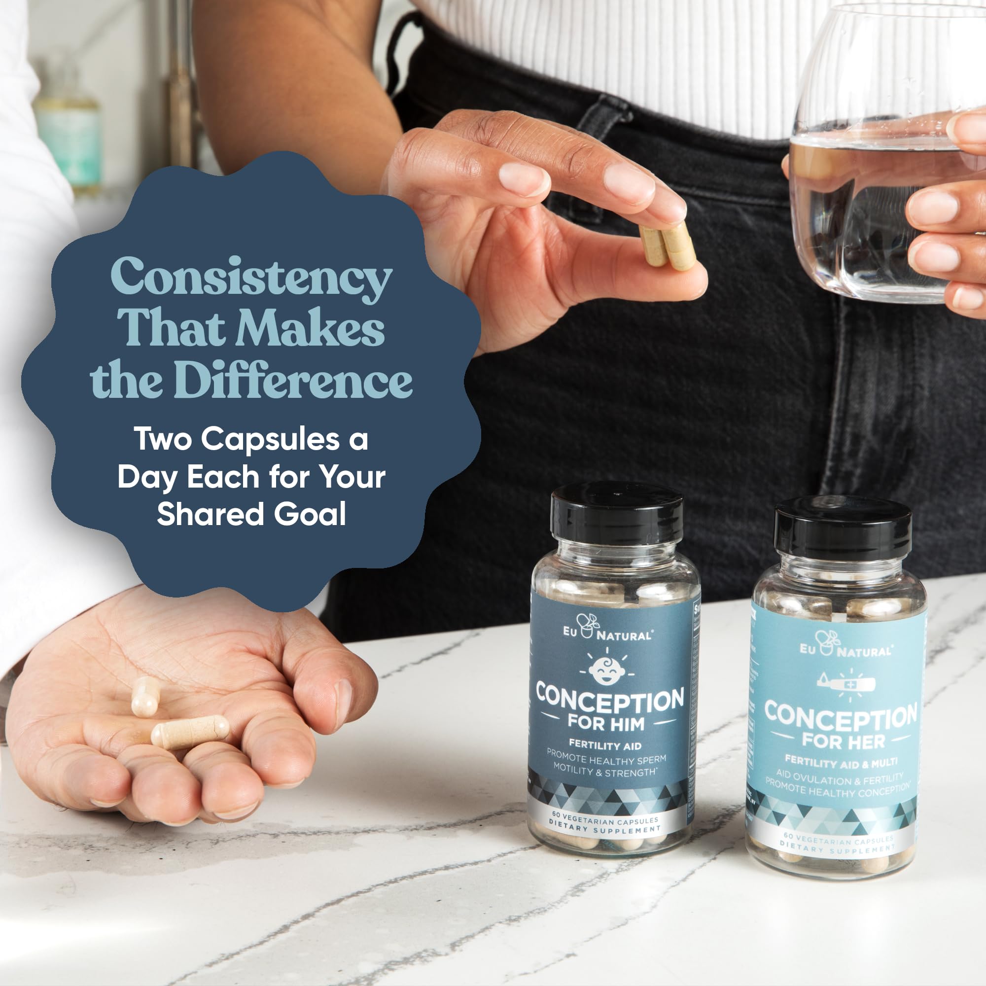Eu Natural Conception for Him pills close-up with minerals for sperm vitality.