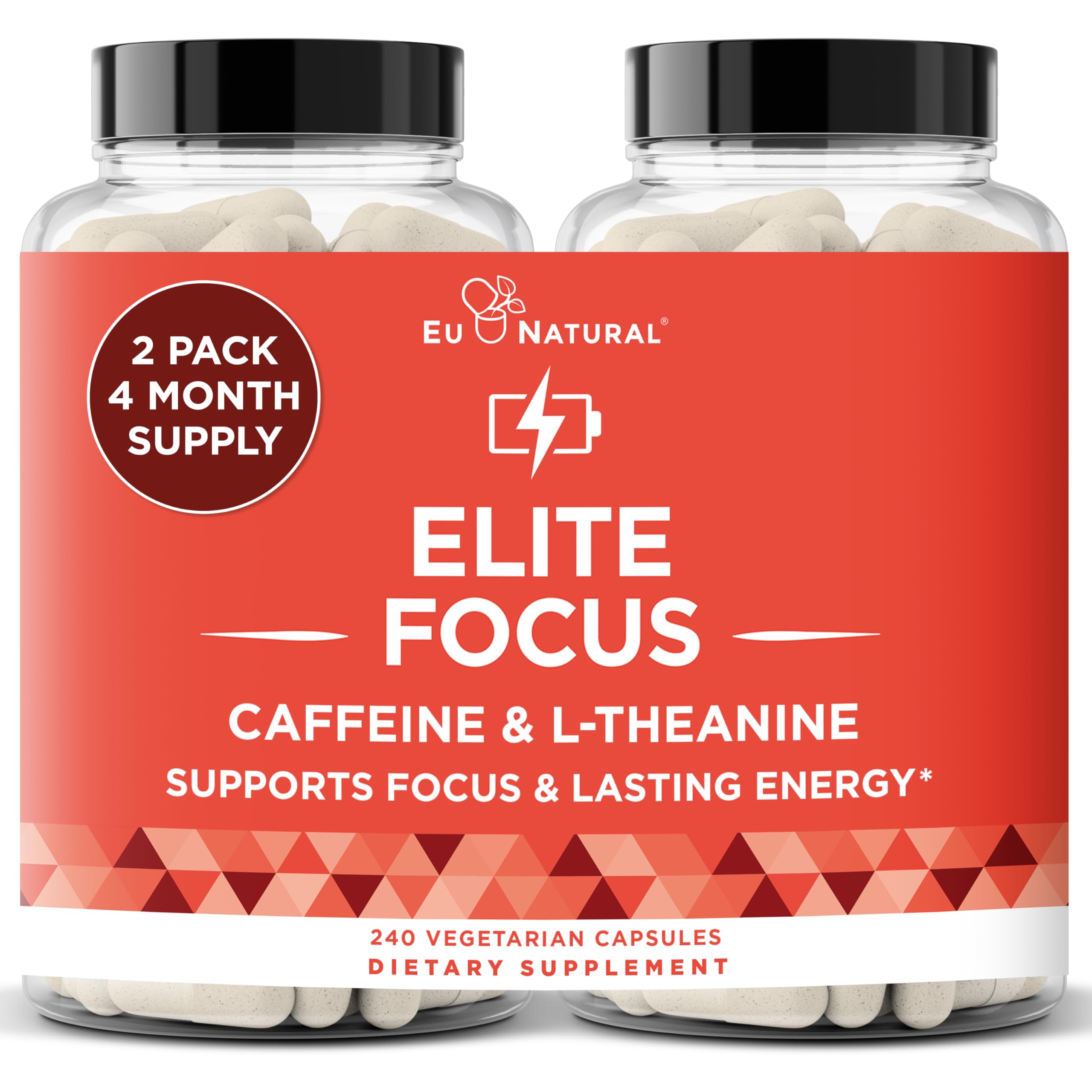 Eu Natural Elite Caffeine Pills bottle showing capsules for focused energy