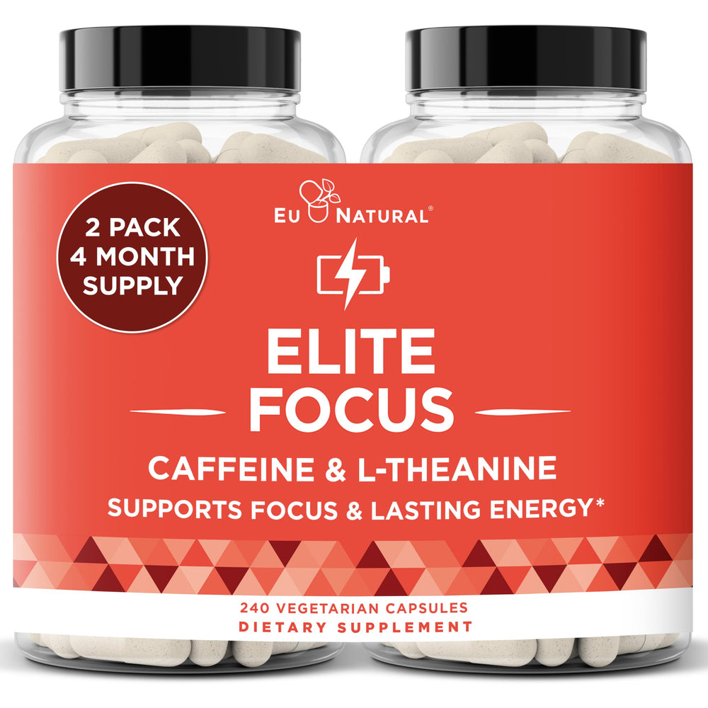 Eu Natural Elite Caffeine Pills bottle showing capsules for focused energy