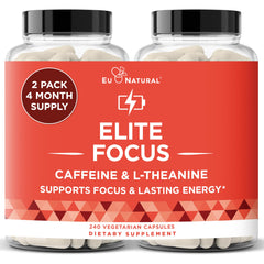 Eu Natural Elite Caffeine Pills bottle showing capsules for focused energy