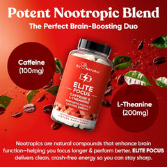 Close-up of Eu Natural Elite Caffeine Pills label detailing caffeine and L-Theanine