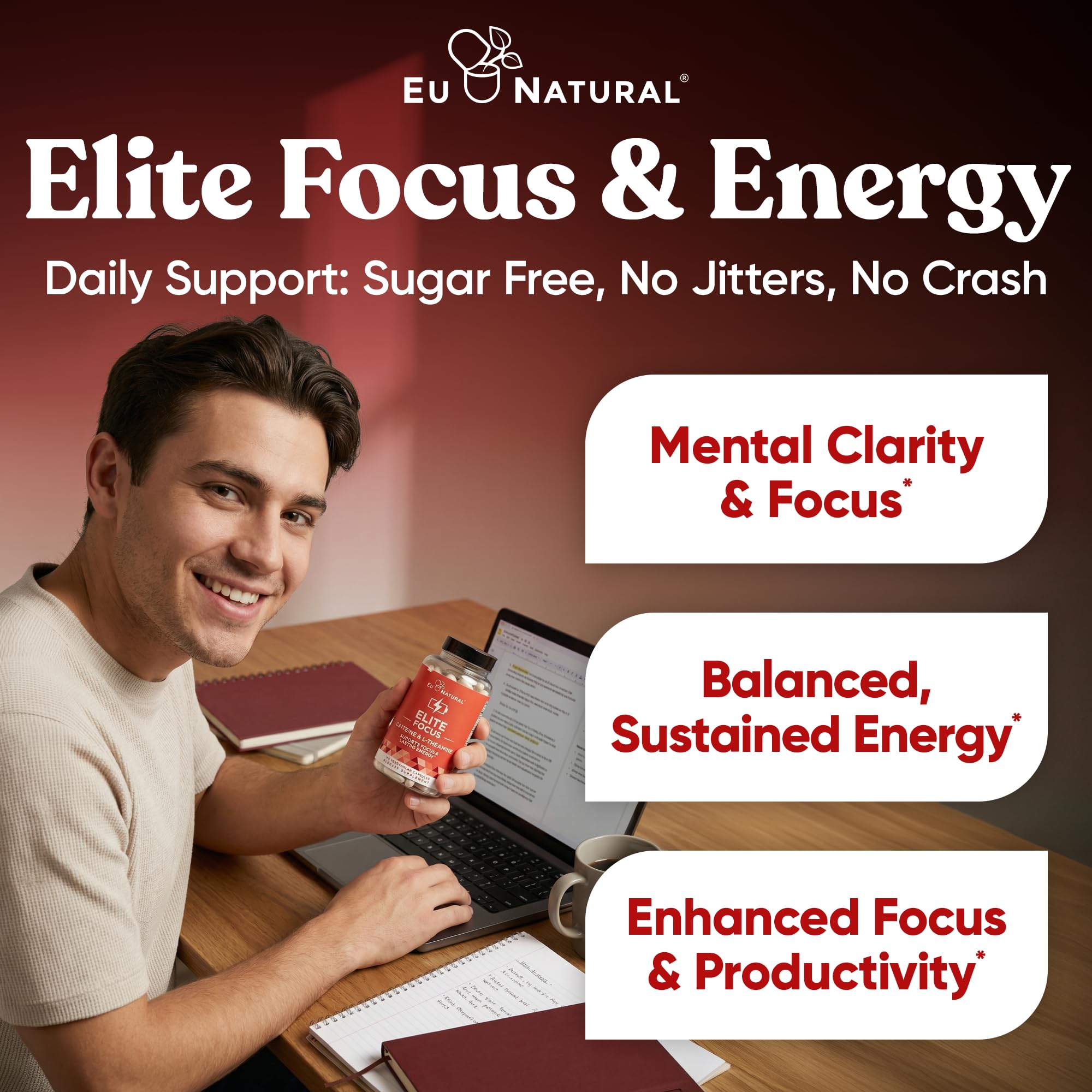 Pouring Eu Natural Elite Caffeine Pills capsules for quick, steady energy during tasks