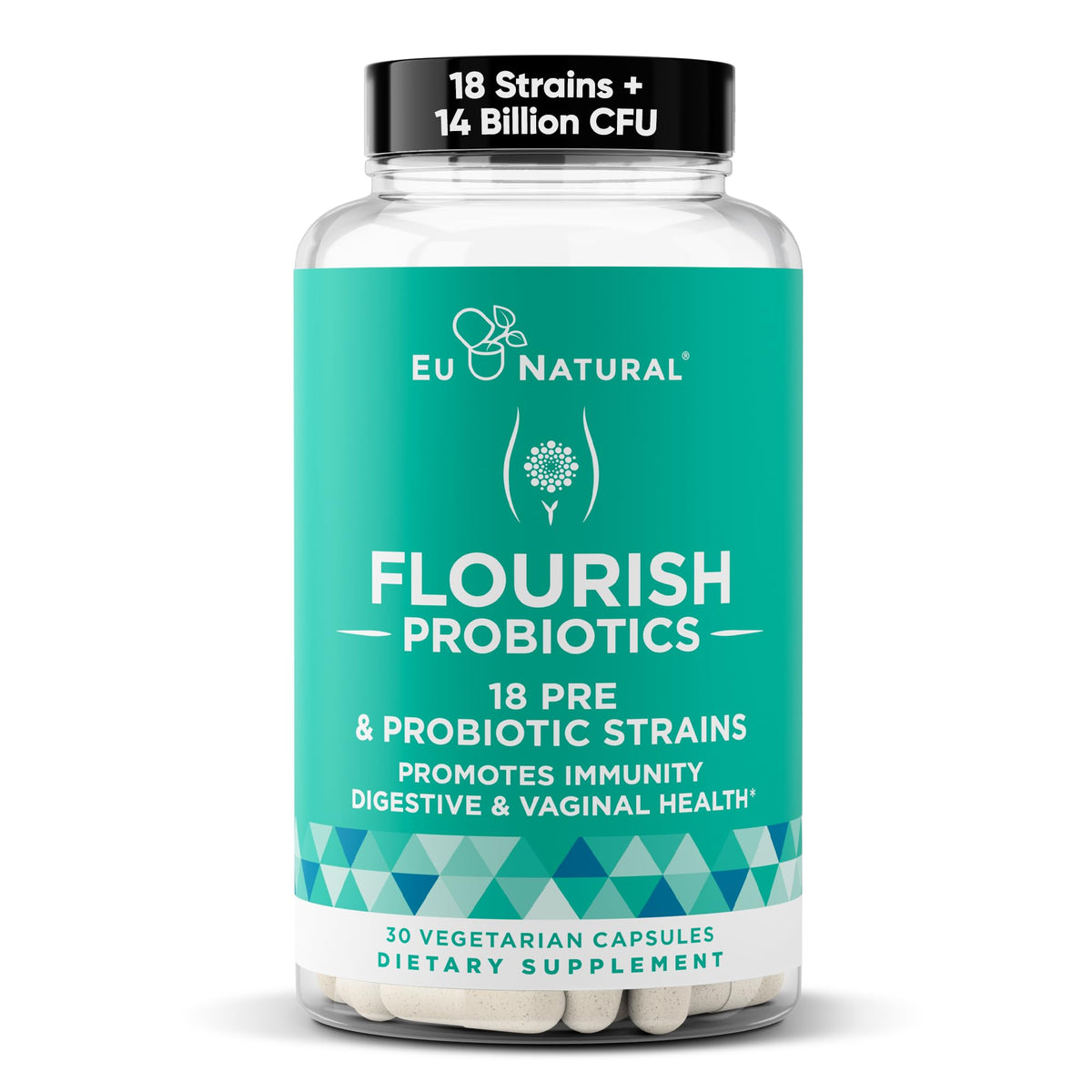 Eu Natural Flourish Probiotics bottle with 30 mini vegan capsules for daily gut care.