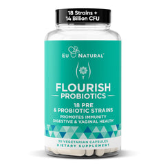 Eu Natural Flourish Probiotics bottle with 30 mini vegan capsules for daily gut care.