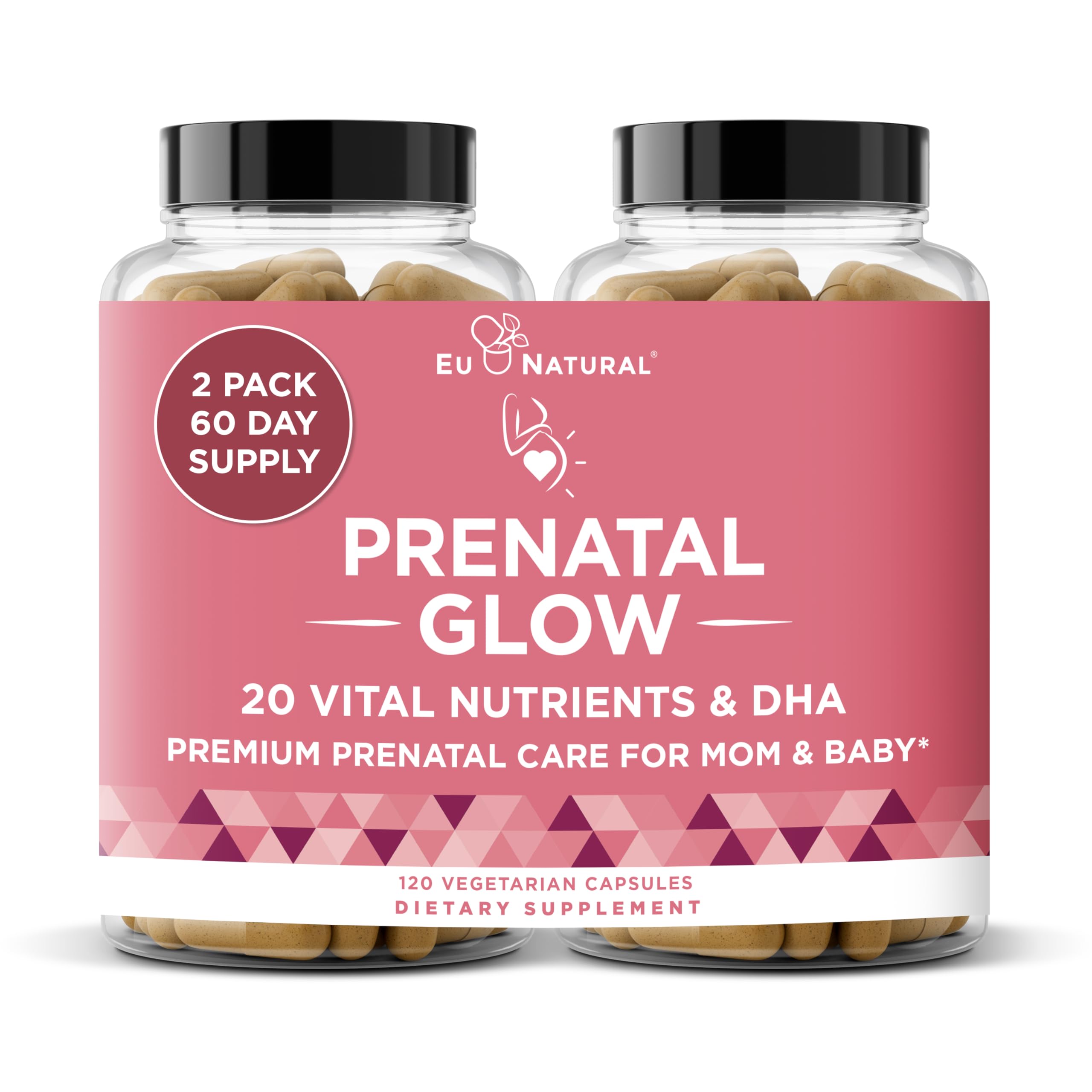 Eu Natural Glow Prenatal bottle front displays the 20-in-1 formula for prenatal support.