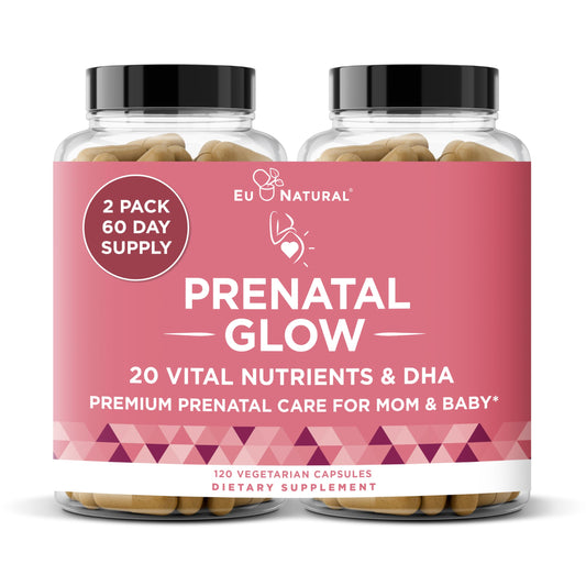 Eu Natural Glow Prenatal bottle front displays the 20-in-1 formula for prenatal support.