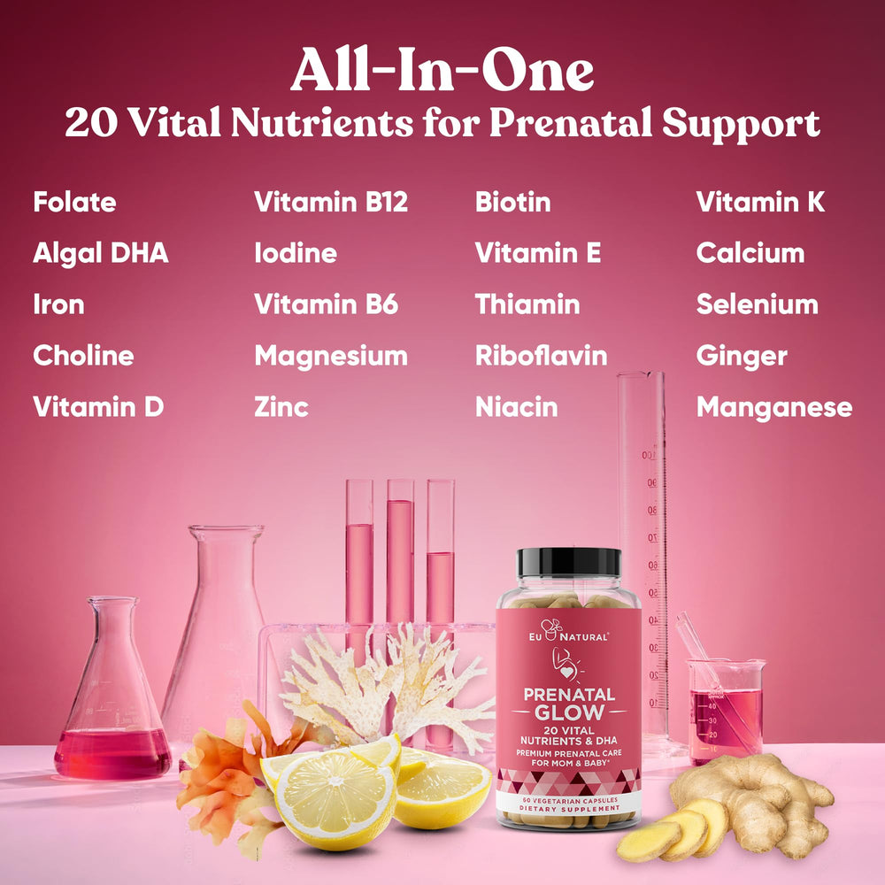 Eu Natural Glow Prenatal capsules closeup shows vegetarian capsules for daily use.