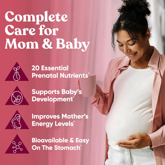 Eu Natural Glow Prenatal nutrition label highlights folate and vegan DHA for fetal development.