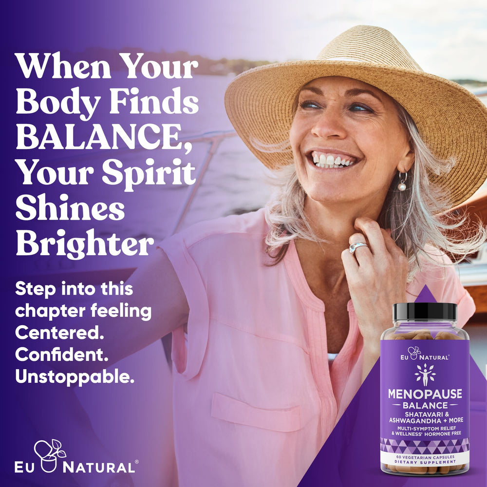 Eu Natural Menopause Balance capsules with ashwagandha for stress resilience.