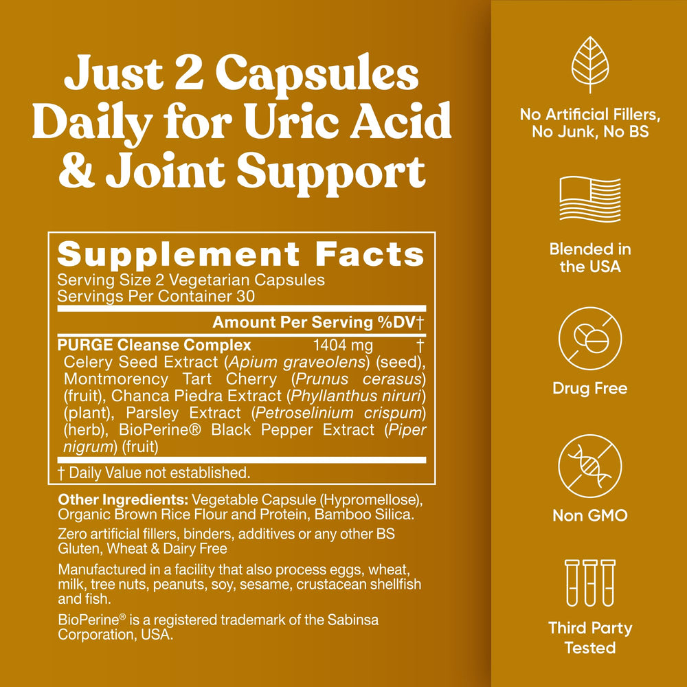Eu Natural Purge Uric Acid Flush capsules on table ready for daily routine.