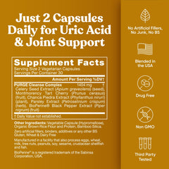 Eu Natural Purge Uric Acid Flush capsules on table ready for daily routine.