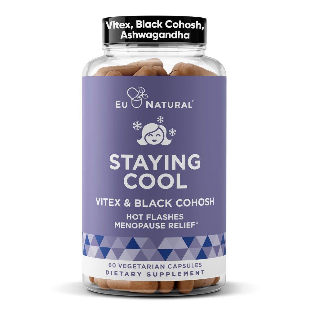 Eu Natural Staying Cool menopause bottle showing cooling support for hot flashes
