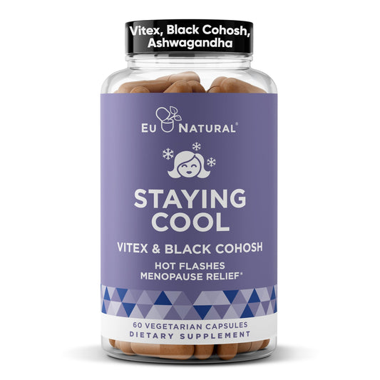 Eu Natural Staying Cool menopause bottle showing cooling support for hot flashes
