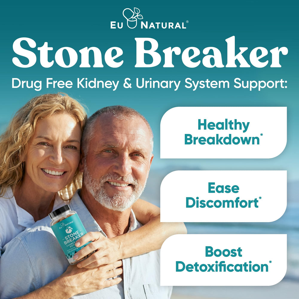 Eu Natural Stone Breaker label front with 120 capsules and gluten-free claim