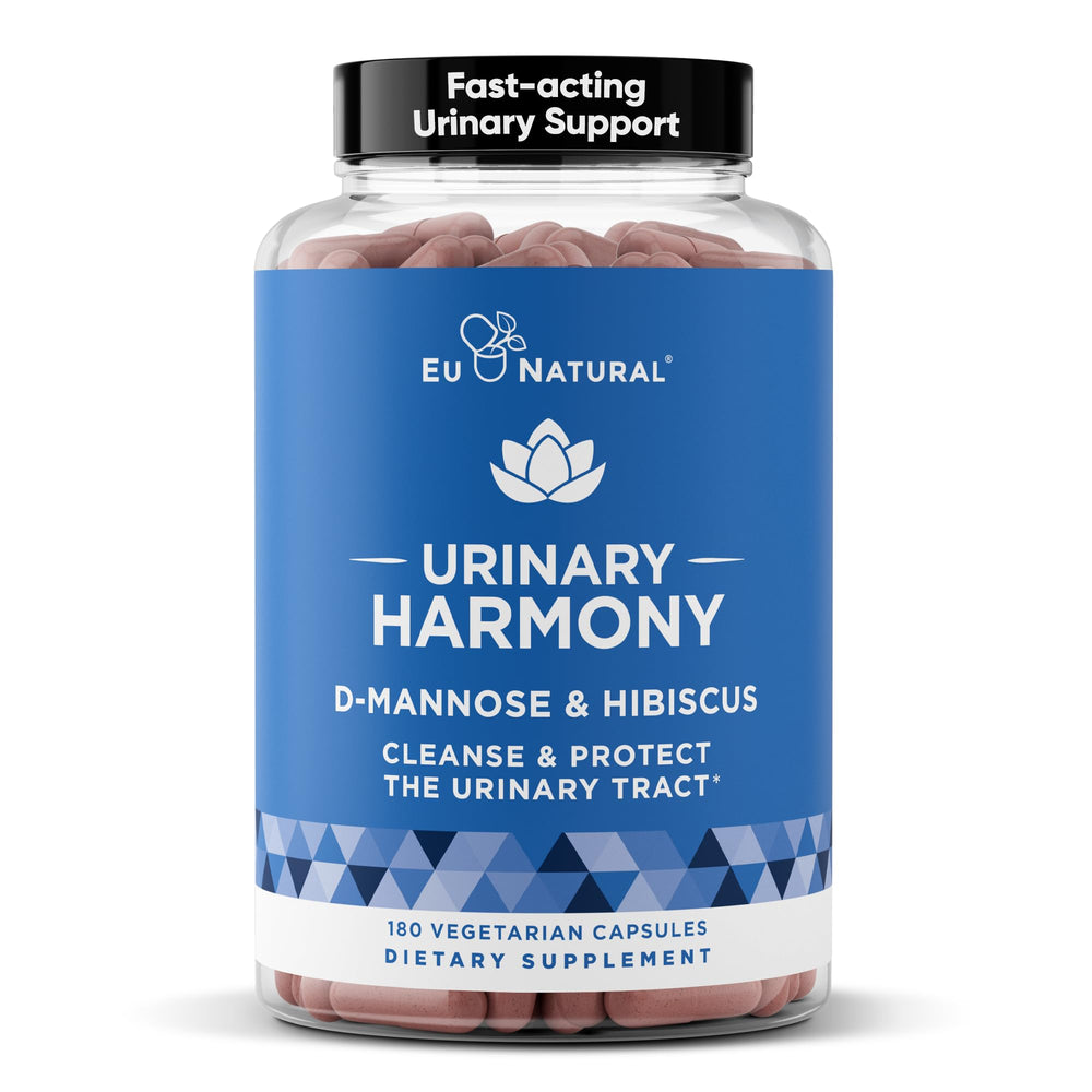 Eu Natural Urinary Harmony bottle and capsules on a white background for urinary wellness
