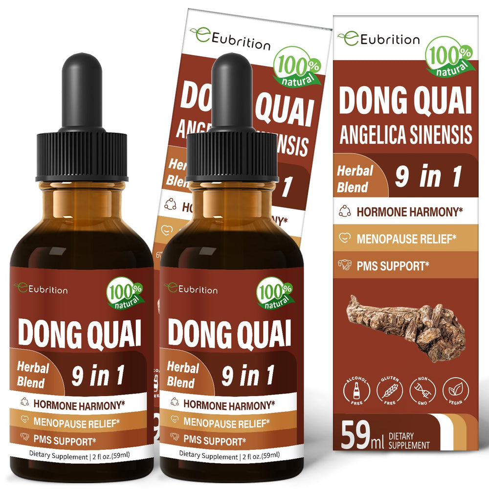 Eubrition Dong Quai bottle pour illustrating easy daily dosing for hormone balance.