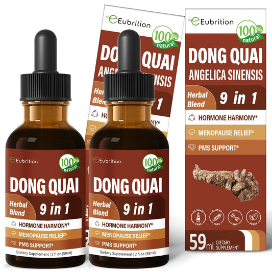 Eubrition Dong Quai bottle pour illustrating easy daily dosing for hormone balance.