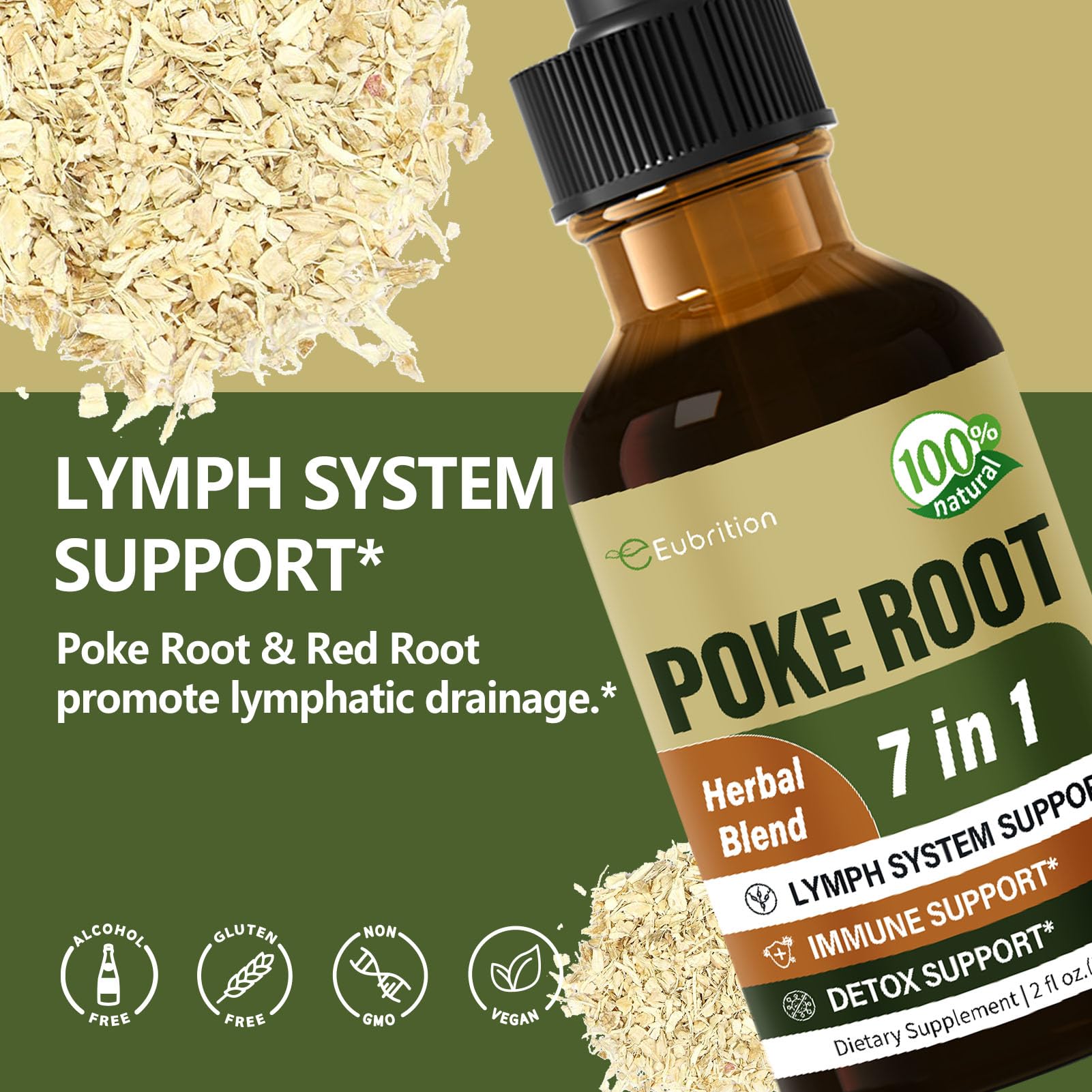 Eubrition Poke Root Drops closeup showing herbal blend for lymph flow.