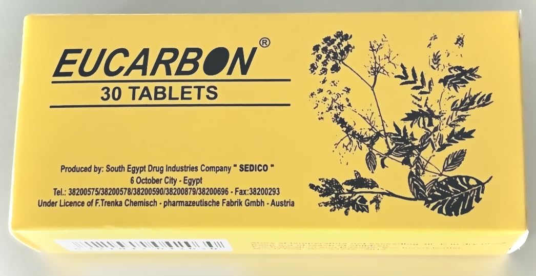 Eucarbon Tablets 30 bottle closeup showing packaging for gentle digestive support.