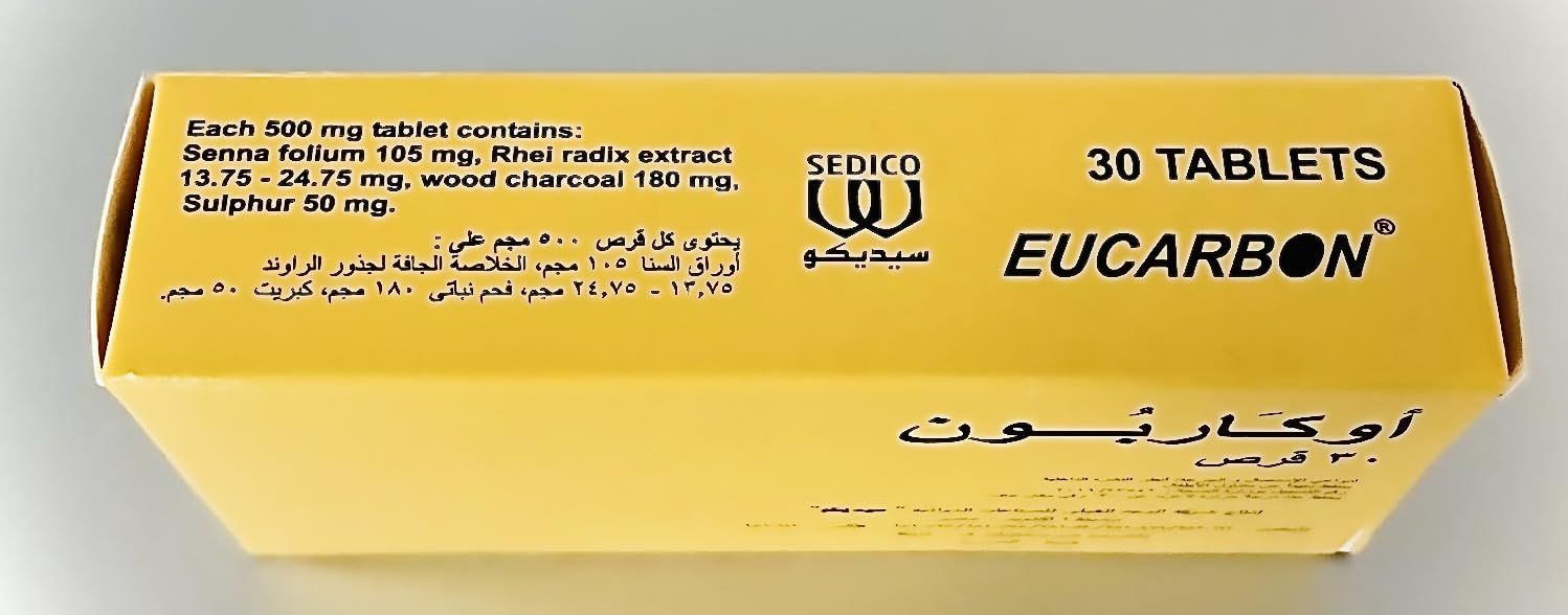 Eucarbon Tablets 30 bottle on countertop represents convenient constipation relief option.