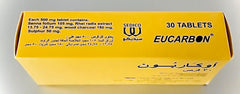 Eucarbon Tablets 30 bottle on countertop represents convenient constipation relief option.