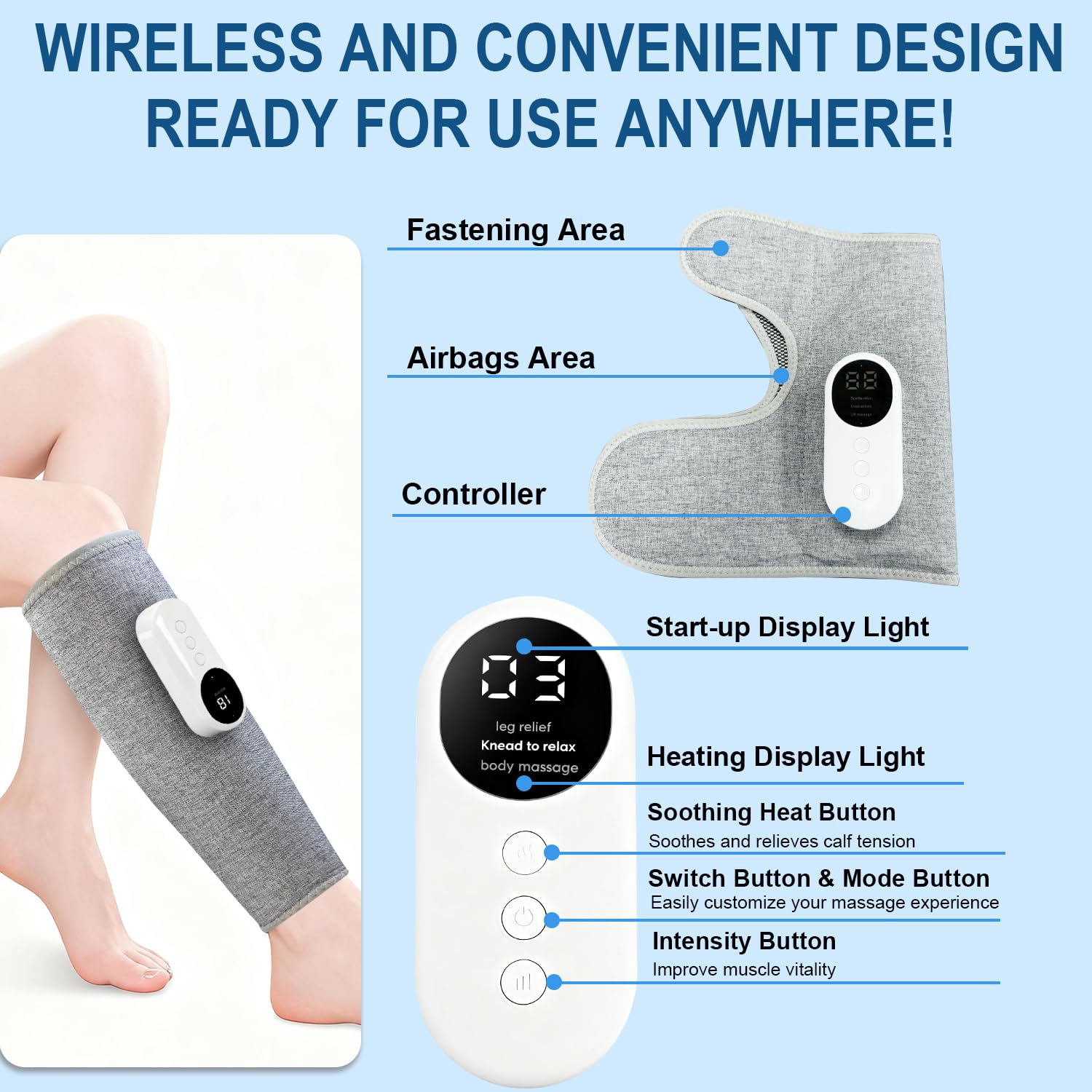 Eulay Leg Massager heat settings demonstrating three levels for soothing warmth.