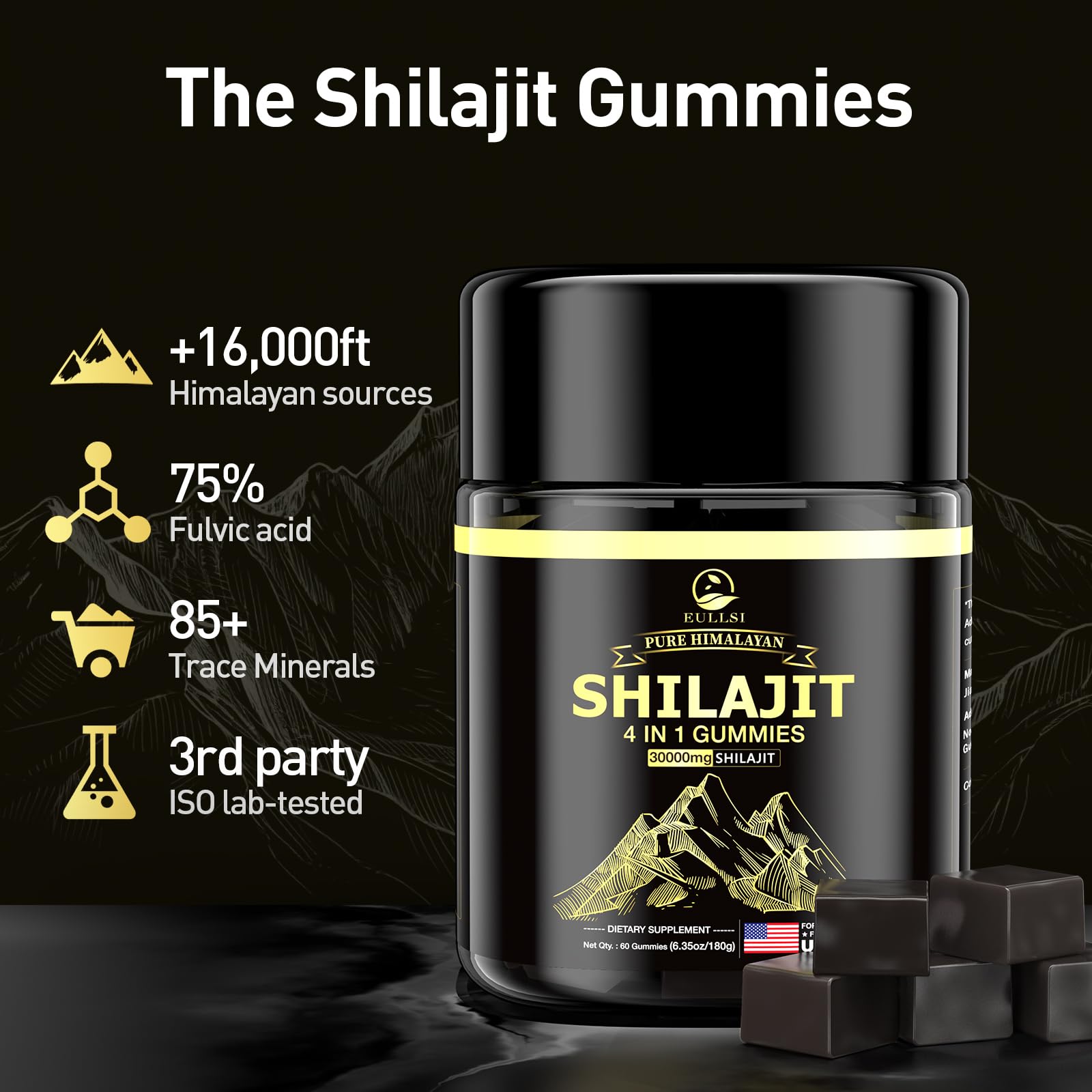 Dispensed Eullsi Shilajit gummies demonstrating convenient daily routine.