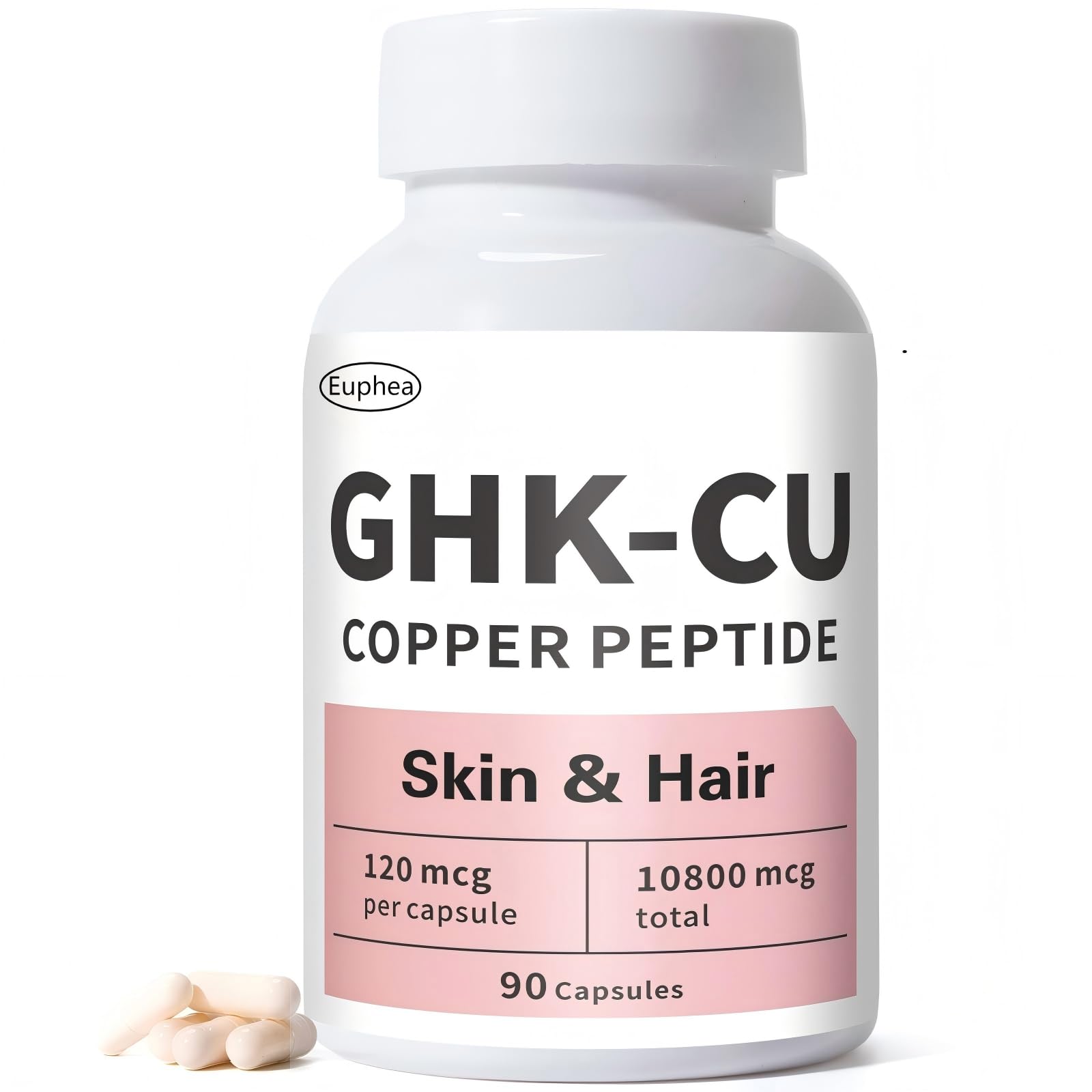 Euphea GHK-Cu peptide supplement 90 vegan capsules for simple daily dosing.
