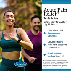 EuroMedica Acute Pain Relief capsules closeup reveals soft gel texture for easy swallowing.