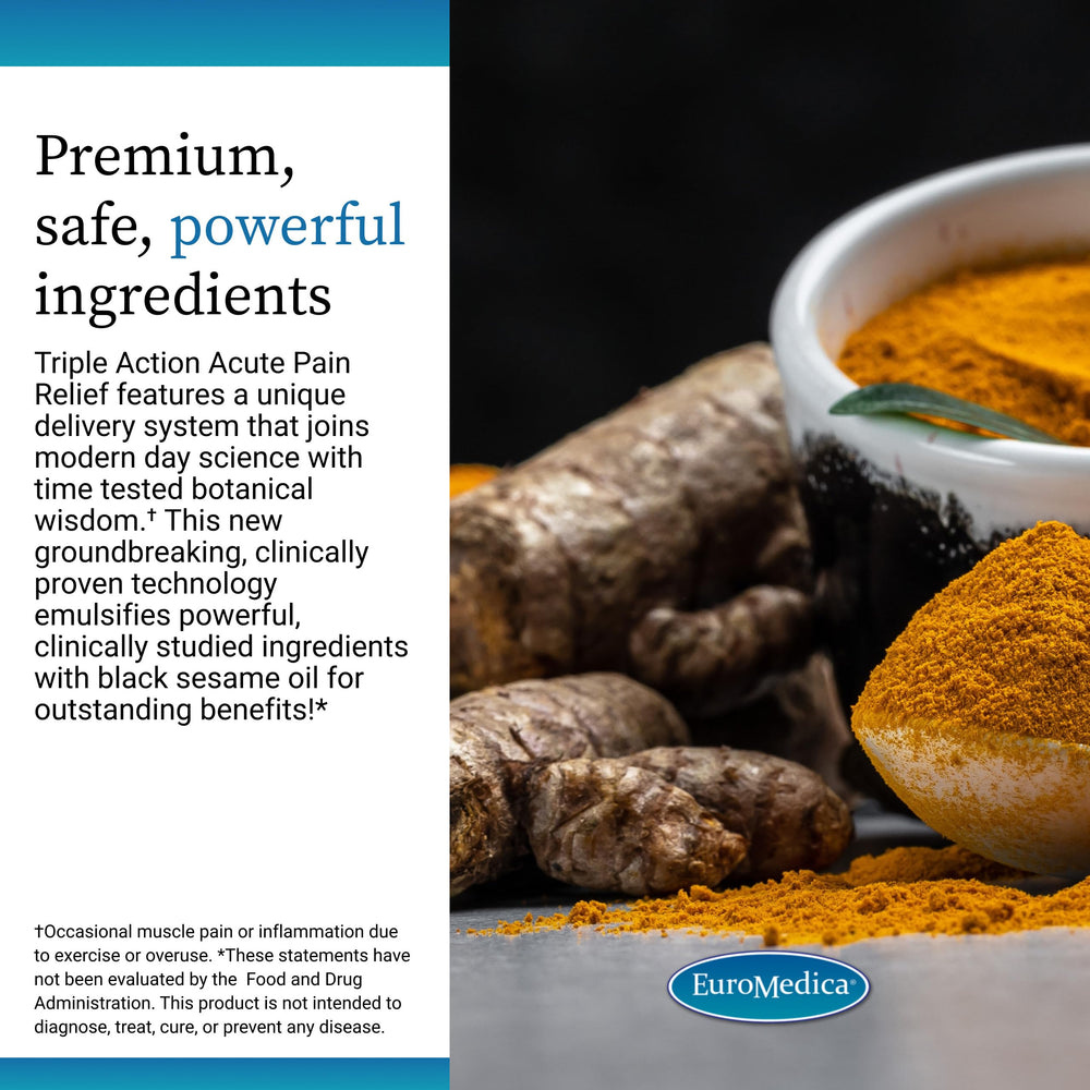 EuroMedica Acute Pain Relief label closeup highlights ingredients and allergen-free composition.