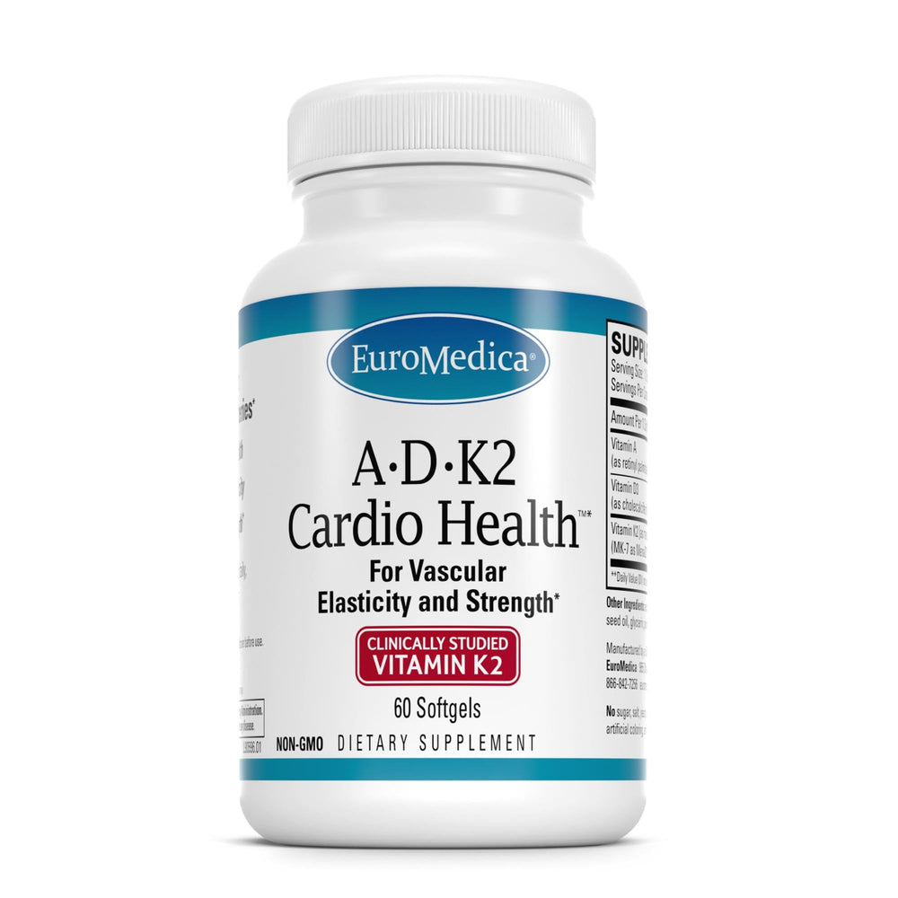 EuroMedica A•D•K2 Cardio Health bottle showing heart-support nutrients