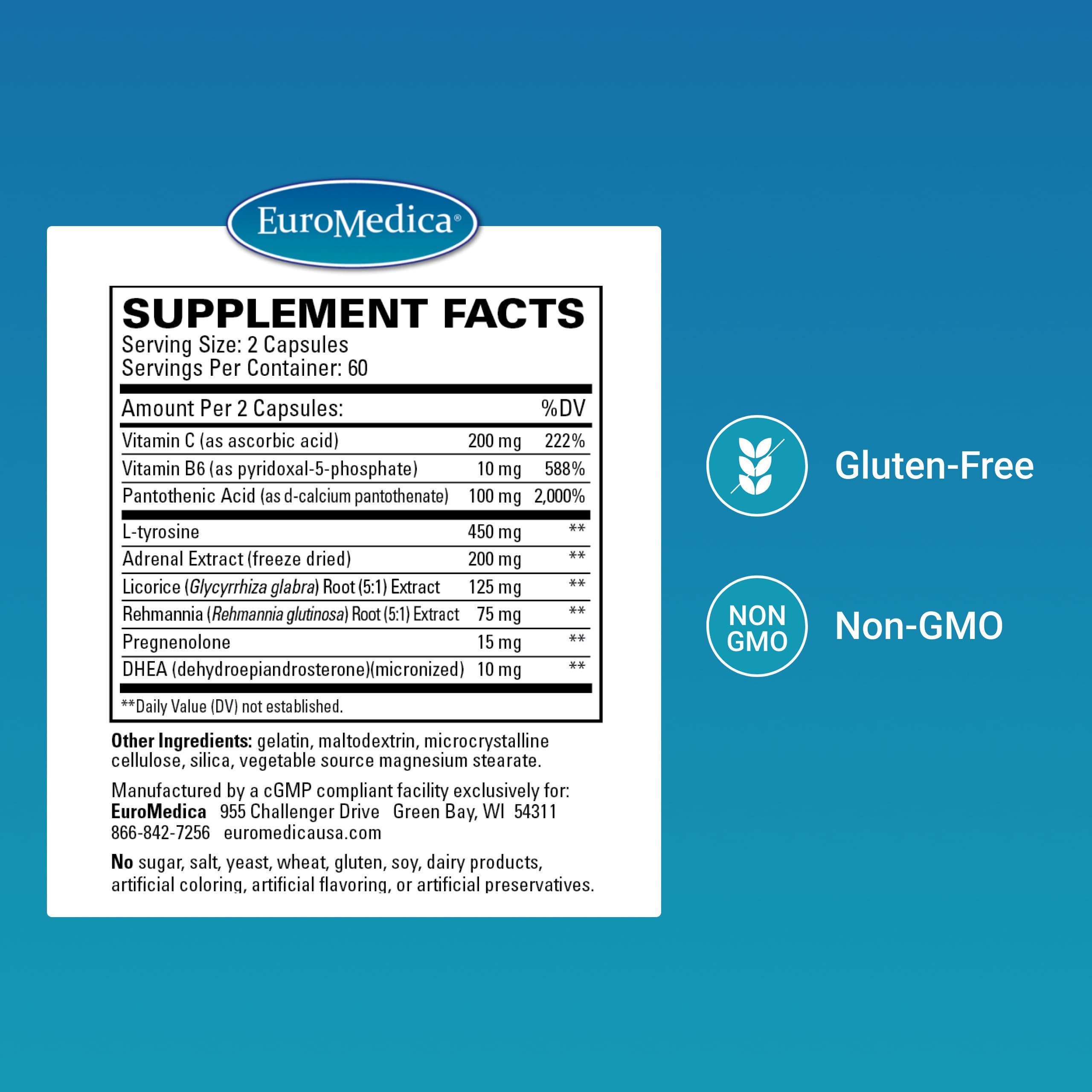 EuroMedica Adrenaplex label highlights ingredients for adrenal health