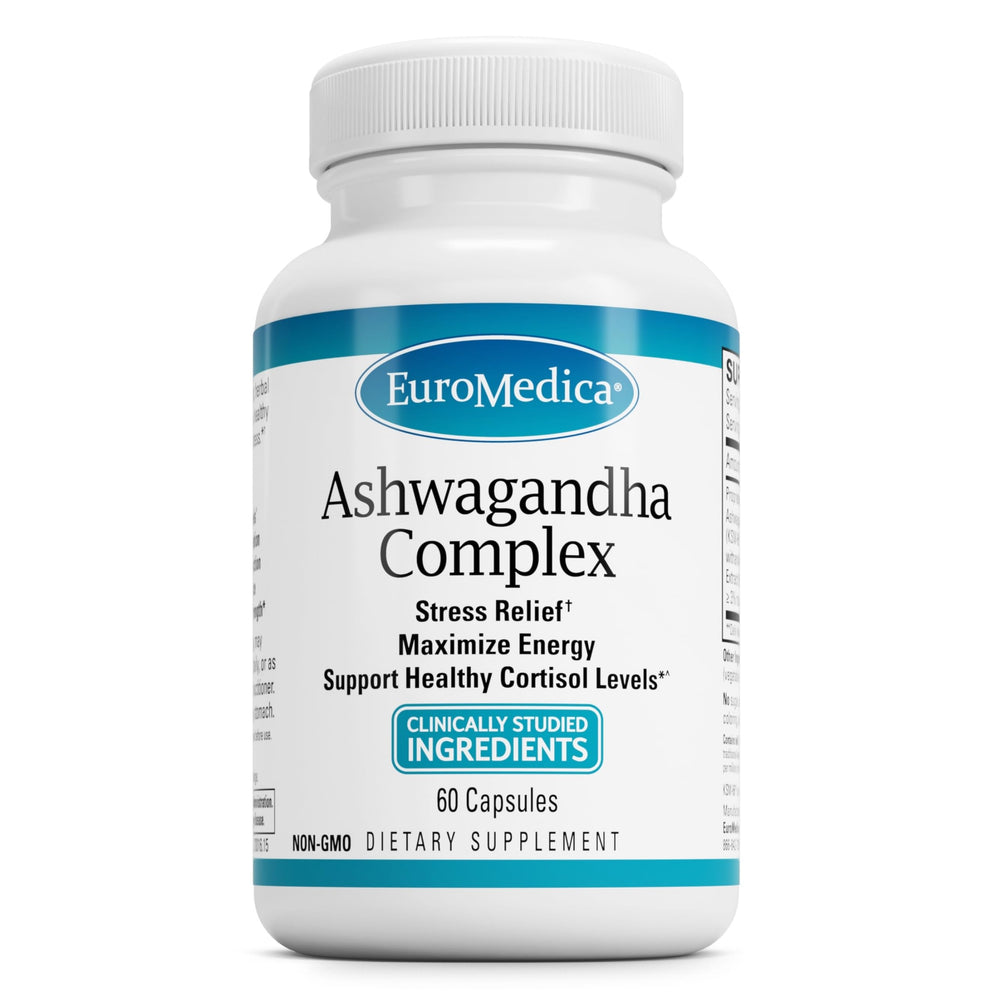 Euromedica Ashwagandha Complex bottle shown for daily adrenal support and steady energy.