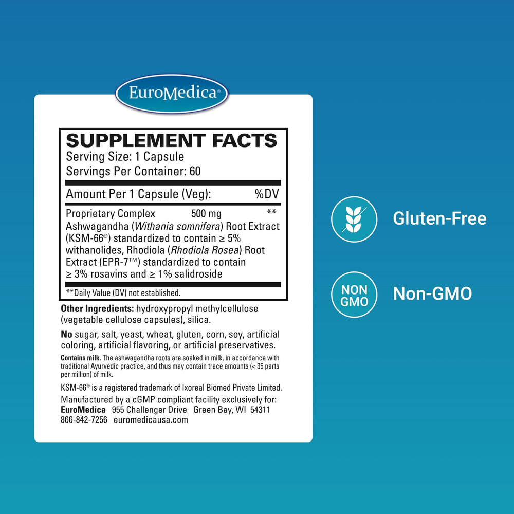 Close-up of Euromedica Ashwagandha Complex capsules for easy daily wellness.