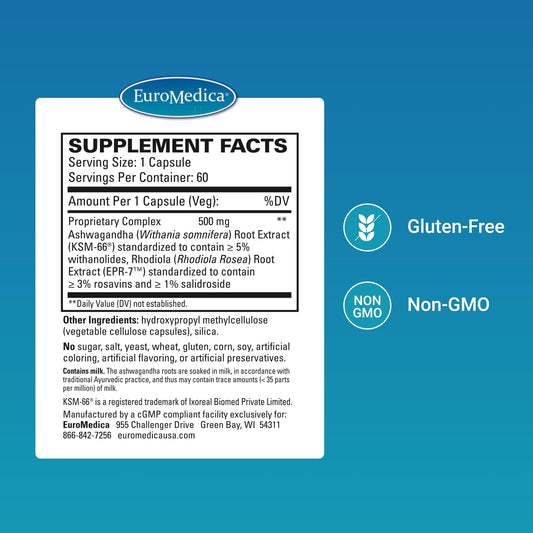 Close-up of Euromedica Ashwagandha Complex capsules for easy daily wellness.