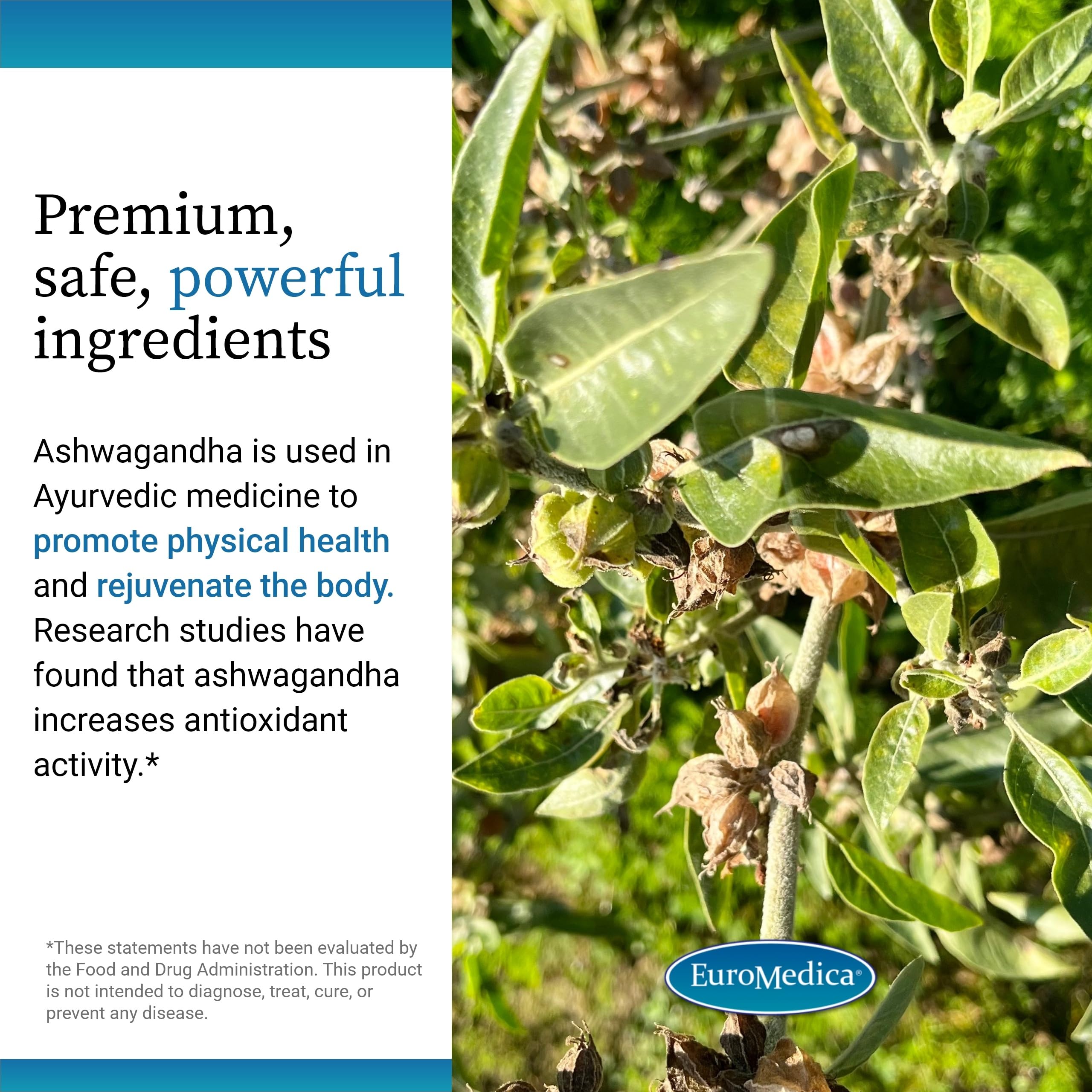 Dosage guidance on Euromedica Ashwagandha Complex packaging for daily use.