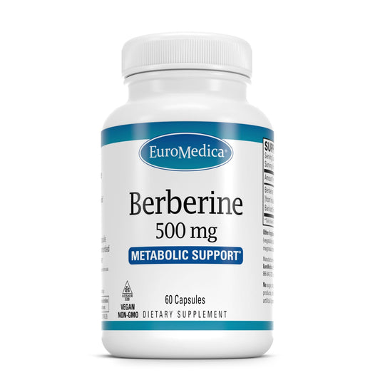 EuroMedica Berberine 500mg bottle front view for daily metabolic support.