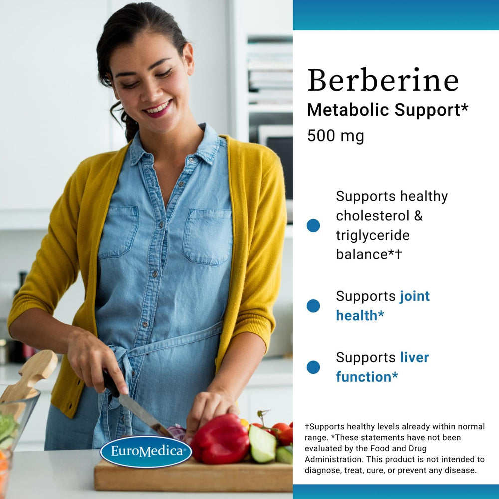EuroMedica Berberine capsules pouring for easy daily dosing.