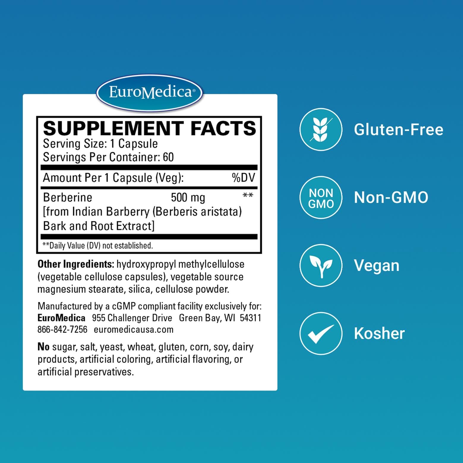 EuroMedica Berberine with Indian barberry root extract close-up for liver support.