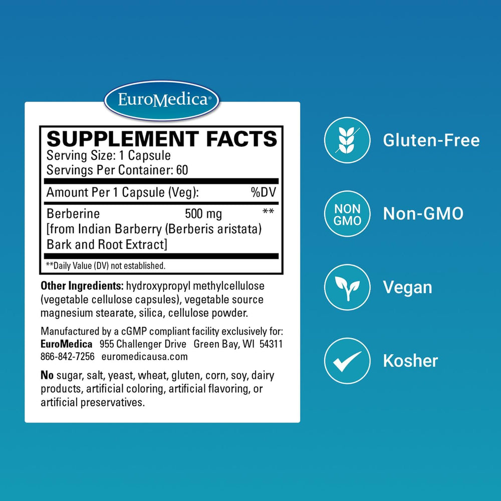 EuroMedica Berberine with Indian barberry root extract close-up for liver support.
