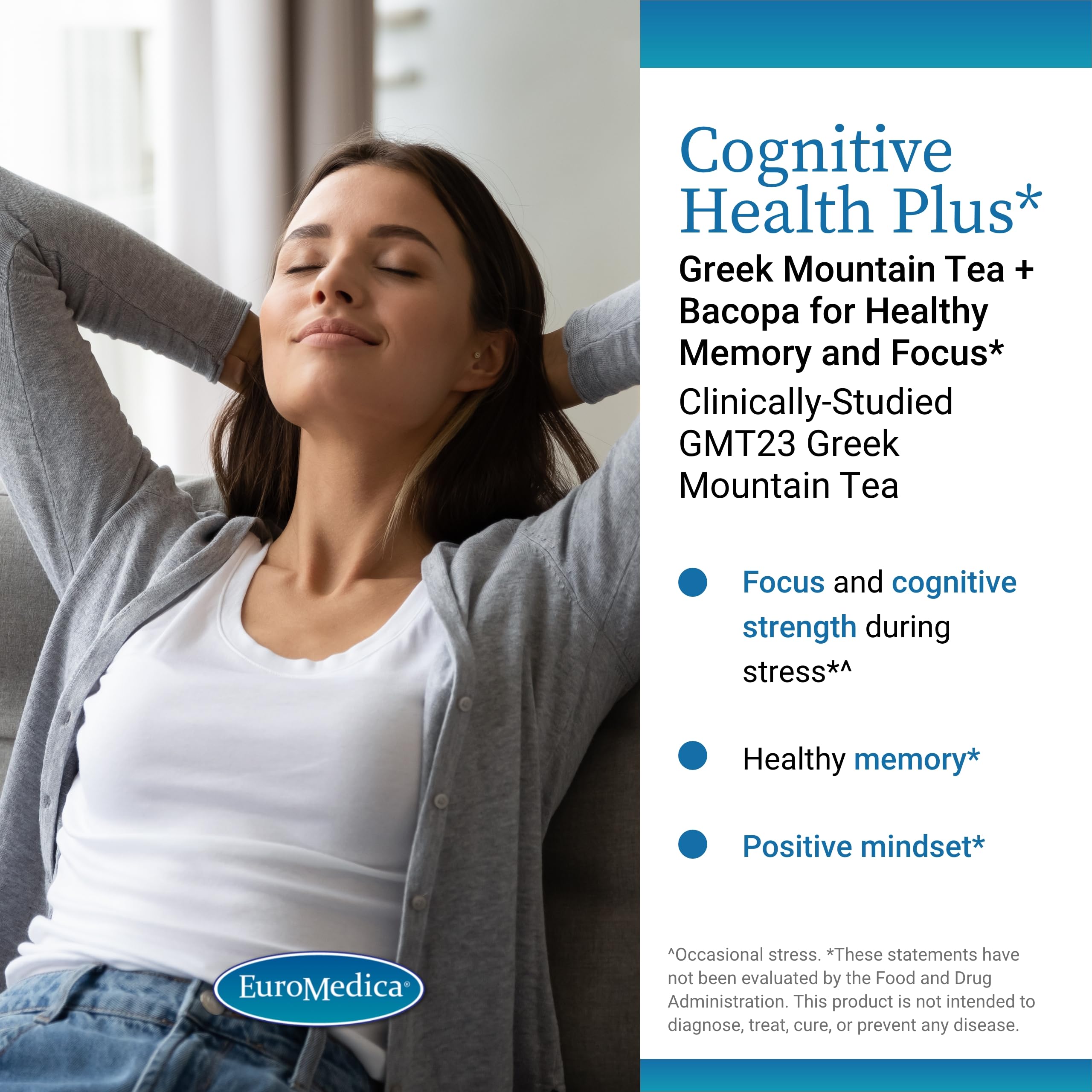 EuroMedica Cognitive Health Plus bottle label highlighting natural ingredients.